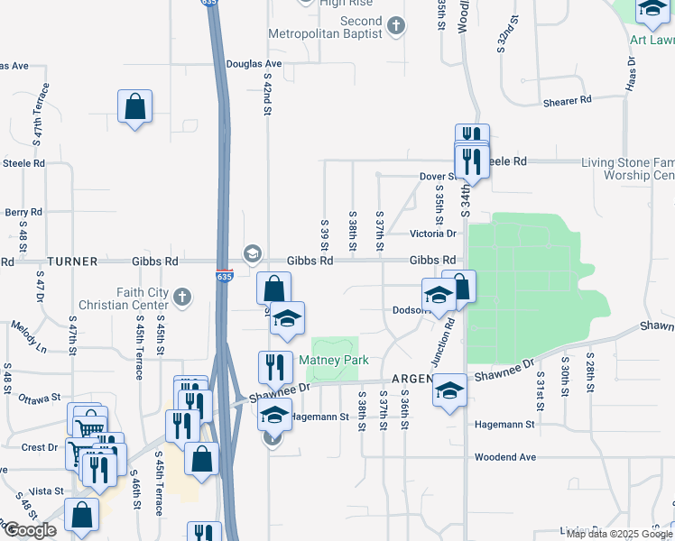 map of restaurants, bars, coffee shops, grocery stores, and more near 3805 Gibbs Road in Kansas City