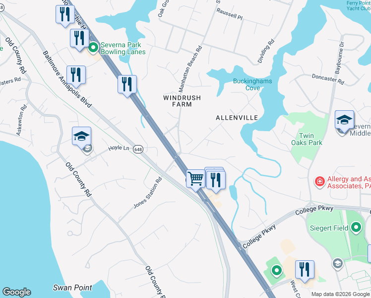 map of restaurants, bars, coffee shops, grocery stores, and more near 111 Mystic Woods Lane in Severna Park