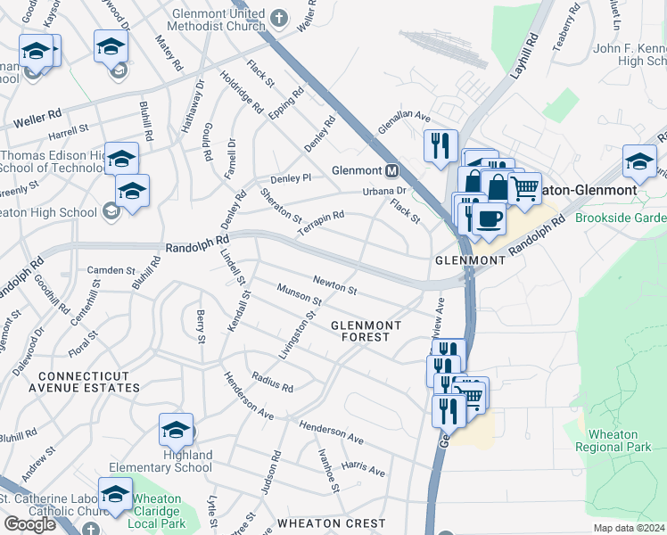 map of restaurants, bars, coffee shops, grocery stores, and more near 2708 Randolph Road in Silver Spring