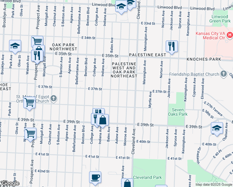 map of restaurants, bars, coffee shops, grocery stores, and more near 3704 Askew Avenue in Kansas City