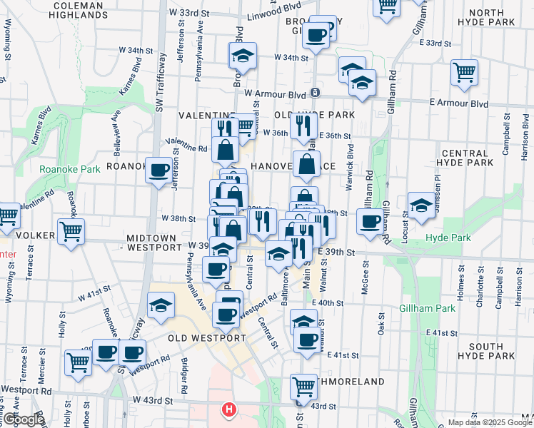map of restaurants, bars, coffee shops, grocery stores, and more near 3744 Wyandotte Street in Kansas City