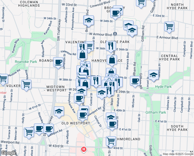 map of restaurants, bars, coffee shops, grocery stores, and more near 3744 Wyandotte Street in Kansas City