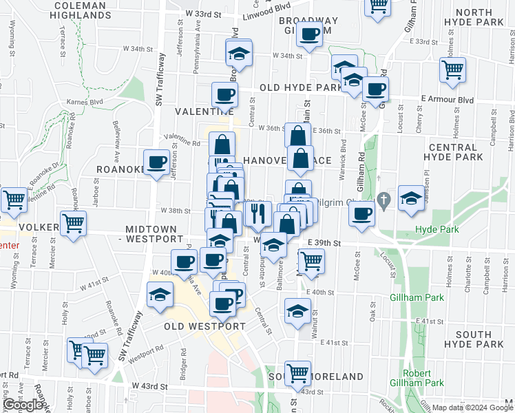 map of restaurants, bars, coffee shops, grocery stores, and more near 3744 Wyandotte Street in Kansas City
