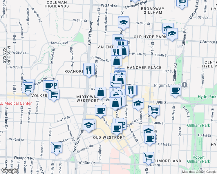 map of restaurants, bars, coffee shops, grocery stores, and more near 3782 Washington Street in Kansas City