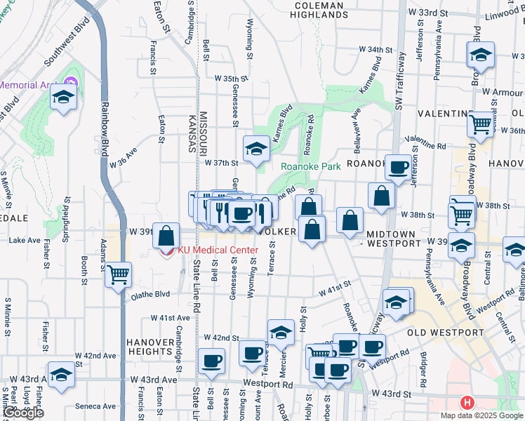 map of restaurants, bars, coffee shops, grocery stores, and more near 3801 Wyoming Street in Kansas City