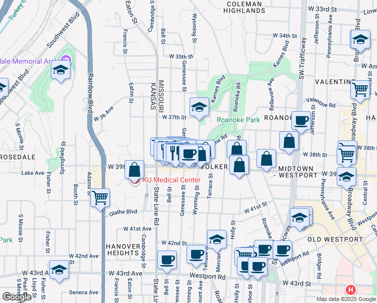 map of restaurants, bars, coffee shops, grocery stores, and more near 3806 Genessee Street in Kansas City