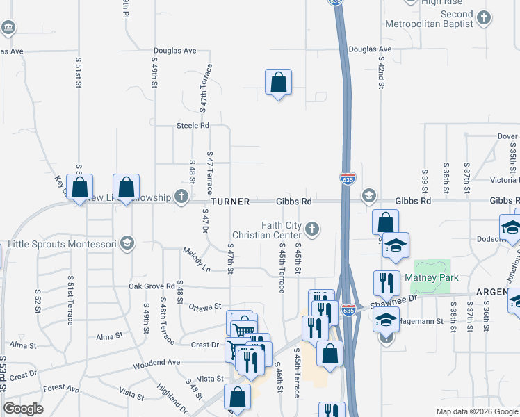 map of restaurants, bars, coffee shops, grocery stores, and more near 4601 Gibbs Road in Kansas City
