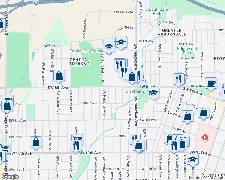 map of restaurants, bars, coffee shops, grocery stores, and more near in Topeka