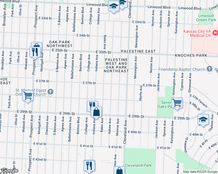 map of restaurants, bars, coffee shops, grocery stores, and more near 3704 Askew Avenue in Kansas City