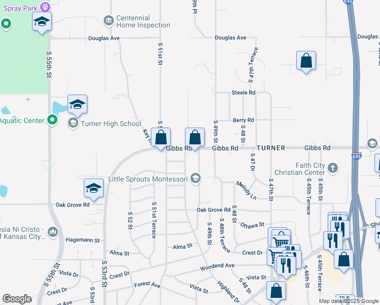 map of restaurants, bars, coffee shops, grocery stores, and more near 4947 Gibbs Road in Kansas City