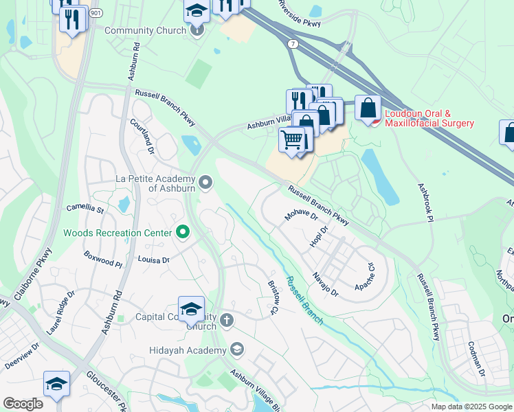 map of restaurants, bars, coffee shops, grocery stores, and more near 44153 Navajo Drive in Ashburn