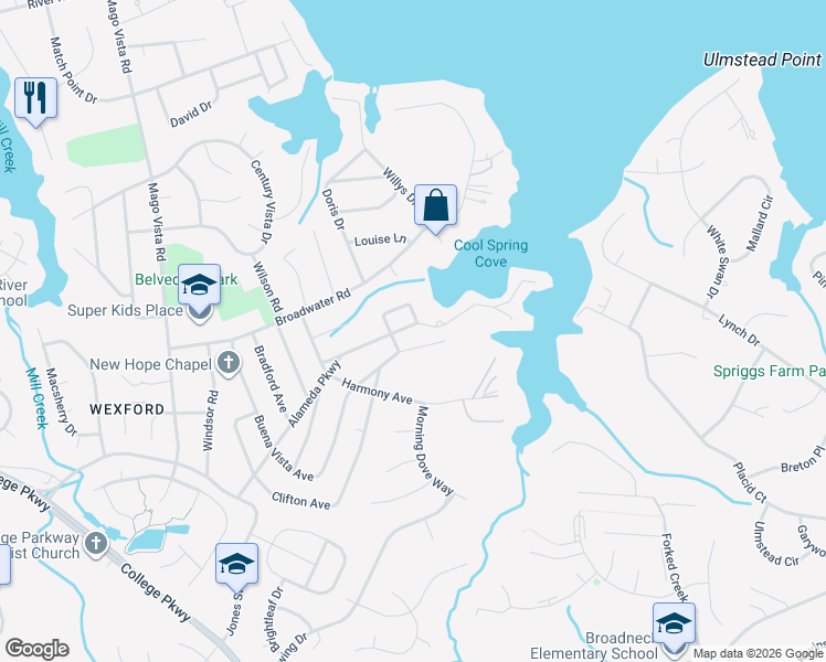 map of restaurants, bars, coffee shops, grocery stores, and more near 365 Alameda Parkway in Arnold