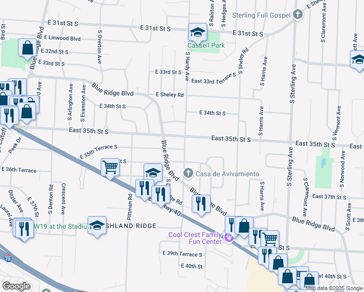 map of restaurants, bars, coffee shops, grocery stores, and more near 10330 East 35th Terrace South in Independence