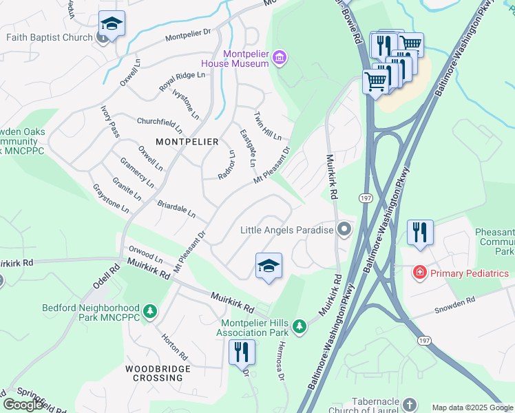 map of restaurants, bars, coffee shops, grocery stores, and more near 12227 Shadetree Lane in Laurel