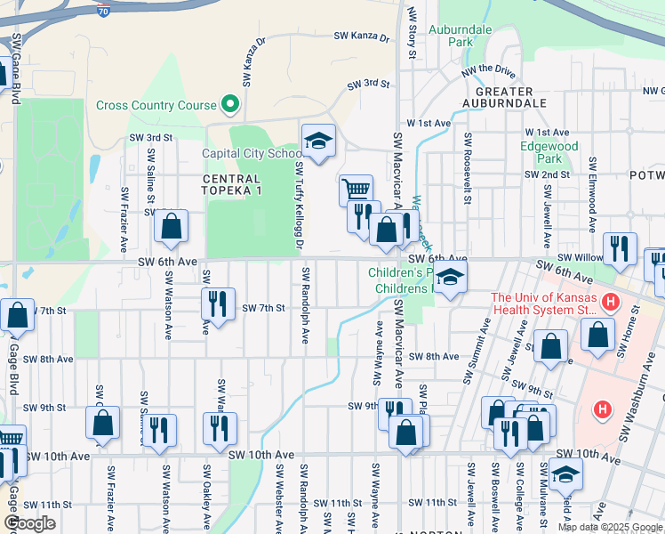 map of restaurants, bars, coffee shops, grocery stores, and more near 605 Southwest Medford Avenue in Topeka