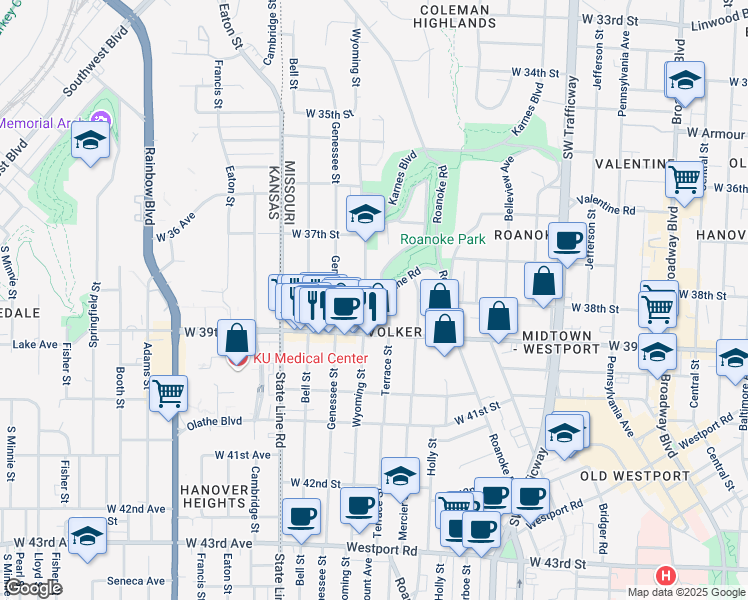 map of restaurants, bars, coffee shops, grocery stores, and more near 3801 Wyoming Street in Kansas City
