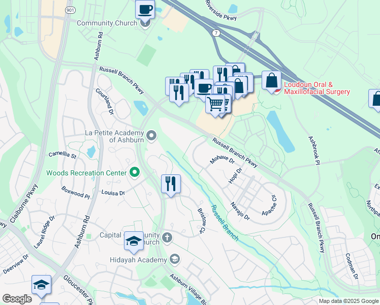 map of restaurants, bars, coffee shops, grocery stores, and more near 44153 Navajo Drive in Ashburn