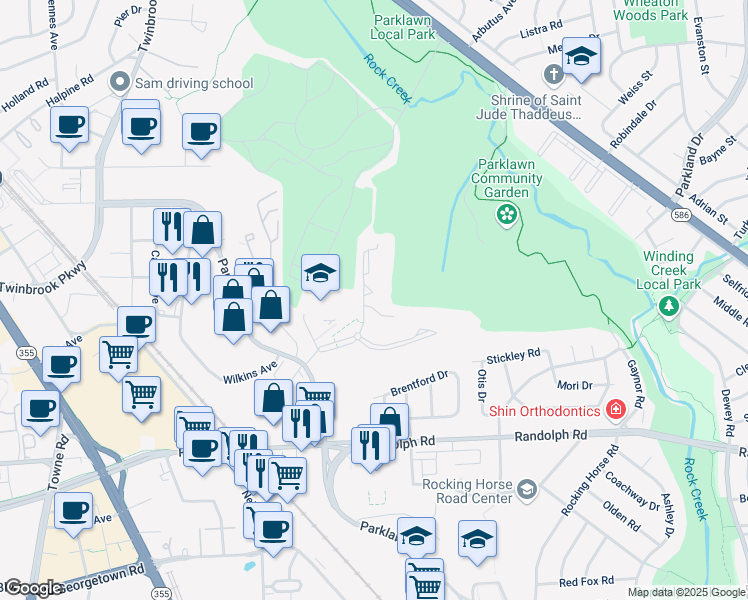 map of restaurants, bars, coffee shops, grocery stores, and more near 12305 Braxfield Court in North Bethesda