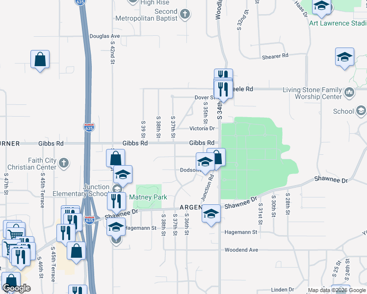 map of restaurants, bars, coffee shops, grocery stores, and more near 3621 Gibbs Road in Kansas City