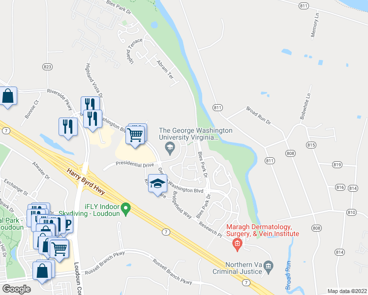 map of restaurants, bars, coffee shops, grocery stores, and more near 45034 University Drive in Ashburn