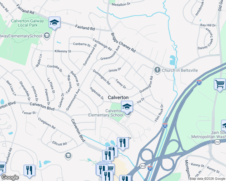 map of restaurants, bars, coffee shops, grocery stores, and more near 3309 Dunnington Rd in Beltsville