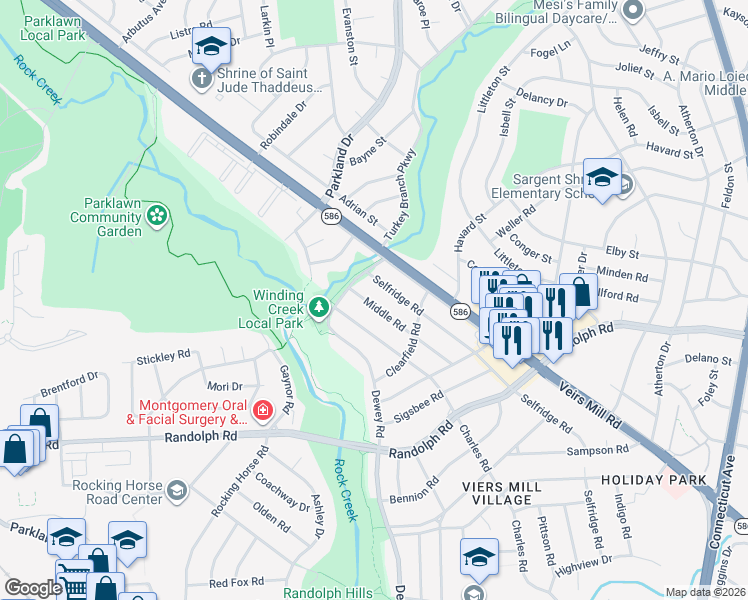 map of restaurants, bars, coffee shops, grocery stores, and more near 12319 Middle Road in Silver Spring
