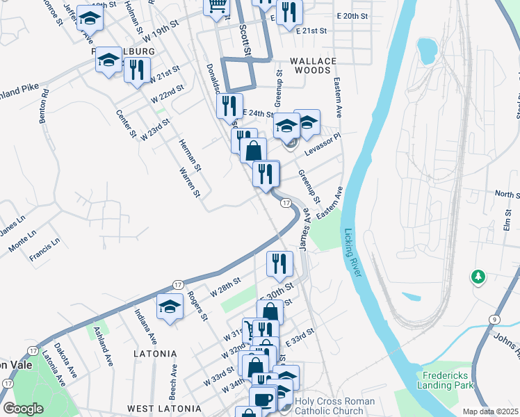 map of restaurants, bars, coffee shops, grocery stores, and more near 2611 Madison Avenue in Covington