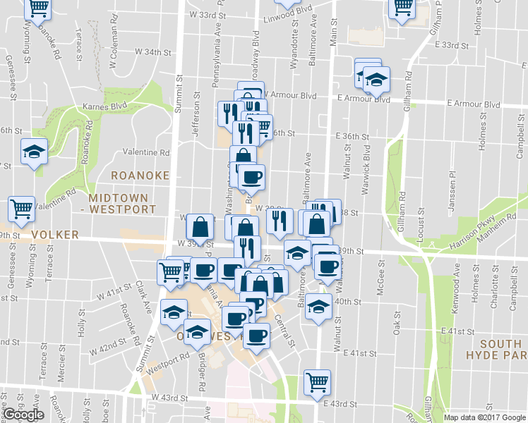 map of restaurants, bars, coffee shops, grocery stores, and more near in Kansas City