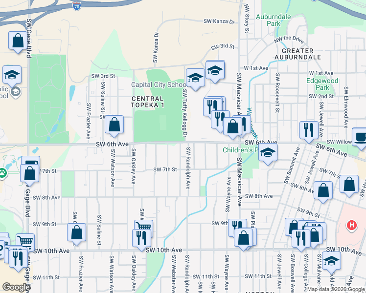 map of restaurants, bars, coffee shops, grocery stores, and more near 600 Southwest Randolph Avenue in Topeka