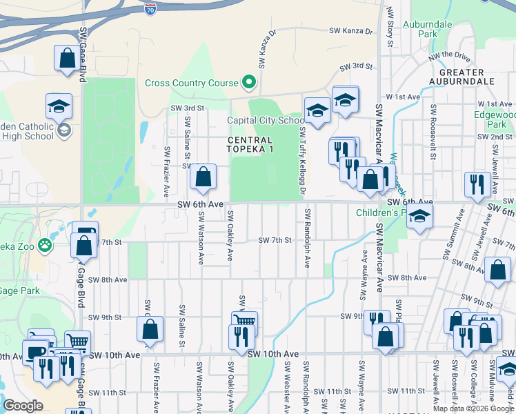 map of restaurants, bars, coffee shops, grocery stores, and more near 601 Southwest Vesper Avenue in Topeka