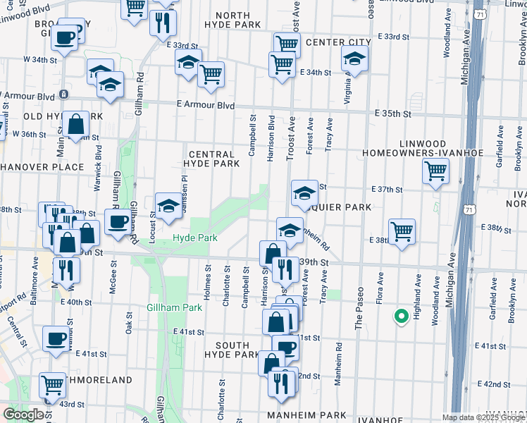 map of restaurants, bars, coffee shops, grocery stores, and more near 3738 Harrison Boulevard in Kansas City