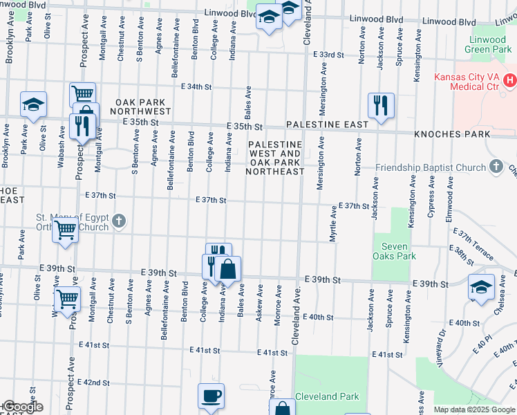 map of restaurants, bars, coffee shops, grocery stores, and more near 3704 Askew Avenue in Kansas City