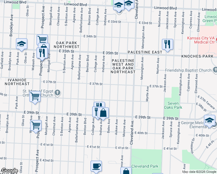 map of restaurants, bars, coffee shops, grocery stores, and more near 3704 Bales Avenue in Kansas City