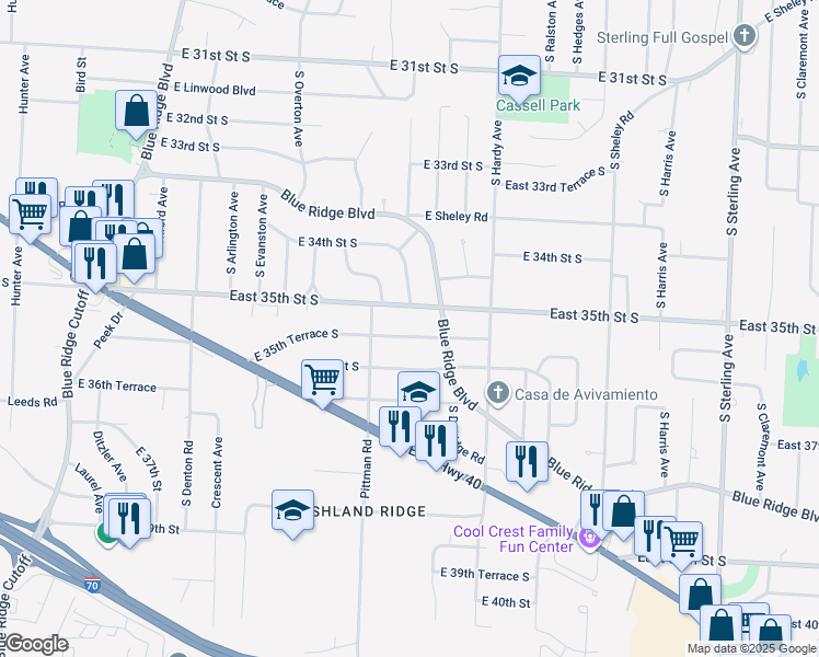 map of restaurants, bars, coffee shops, grocery stores, and more near 10012 East 35th Terrace South in Independence