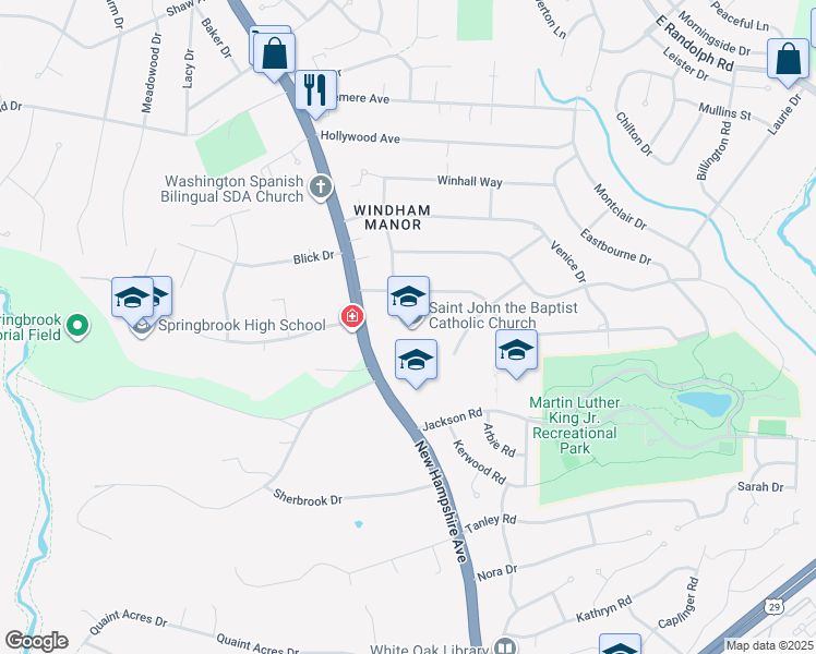 map of restaurants, bars, coffee shops, grocery stores, and more near 12319 New Hampshire Avenue Northeast in Silver Spring