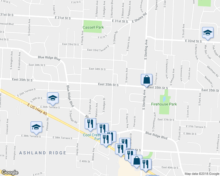 map of restaurants, bars, coffee shops, grocery stores, and more near 3504 South Northern Boulevard in Independence