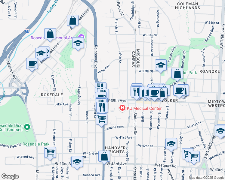map of restaurants, bars, coffee shops, grocery stores, and more near 3901 Rainbow Boulevard in Kansas City