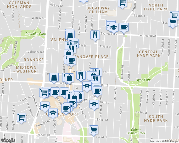 map of restaurants, bars, coffee shops, grocery stores, and more near Baltimore Ave & W 38 St in Kansas City