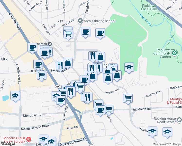 map of restaurants, bars, coffee shops, grocery stores, and more near 12315 Carroll Avenue in North Bethesda