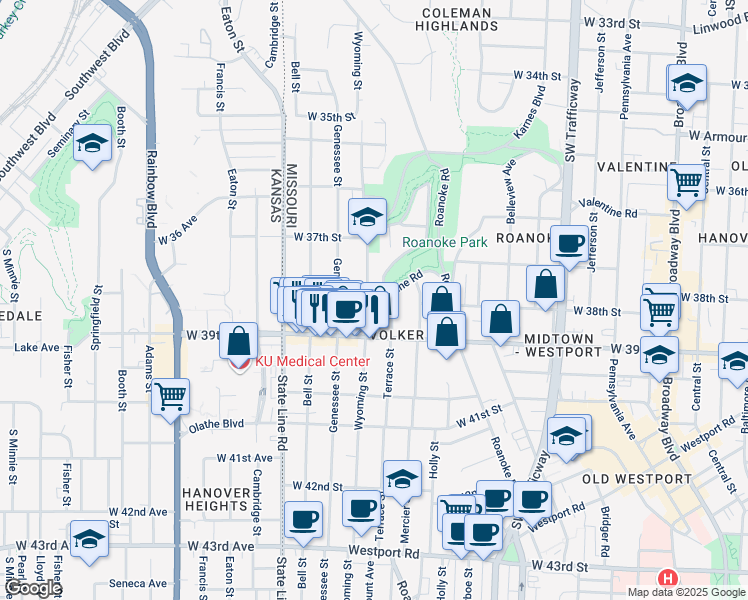 map of restaurants, bars, coffee shops, grocery stores, and more near 3801 Wyoming Street in Kansas City