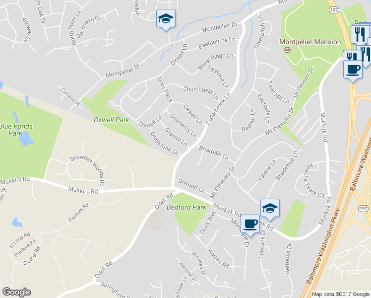 map of restaurants, bars, coffee shops, grocery stores, and more near 12204 Cedarbrook Lane in Laurel