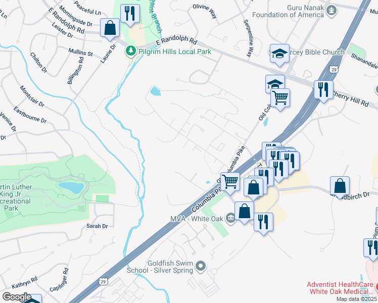 map of restaurants, bars, coffee shops, grocery stores, and more near 1817 Featherwood Street in Silver Spring