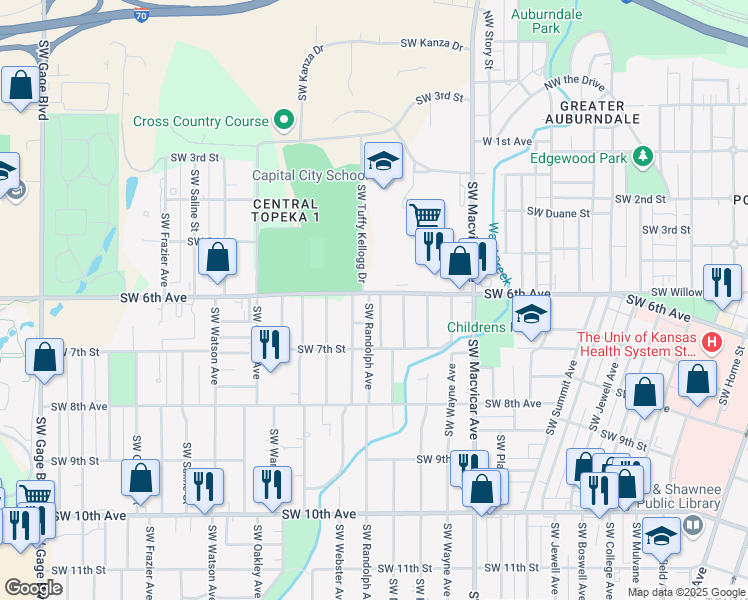 map of restaurants, bars, coffee shops, grocery stores, and more near 600 Southwest Randolph Avenue in Topeka