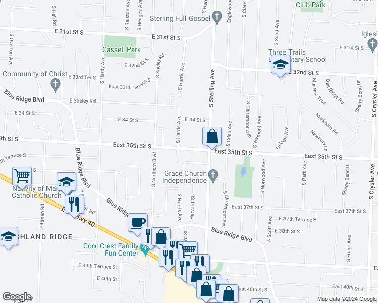 map of restaurants, bars, coffee shops, grocery stores, and more near 11009 East 35th Street South in Independence