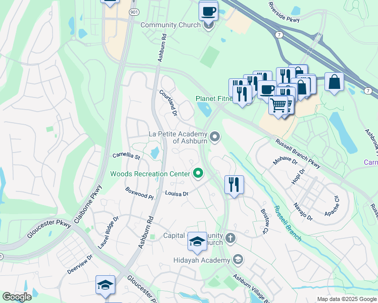 map of restaurants, bars, coffee shops, grocery stores, and more near 44042 Ferncliff Terrace in Ashburn