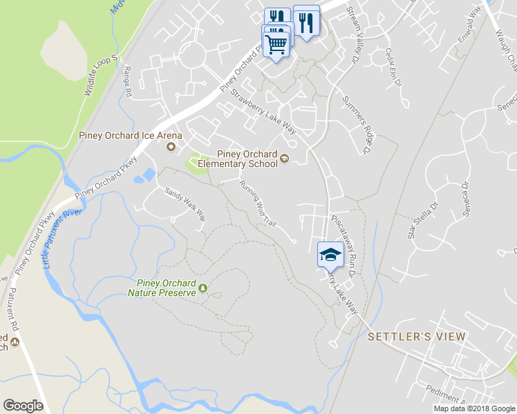 map of restaurants, bars, coffee shops, grocery stores, and more near 2576 Running Wolf Trail in Odenton