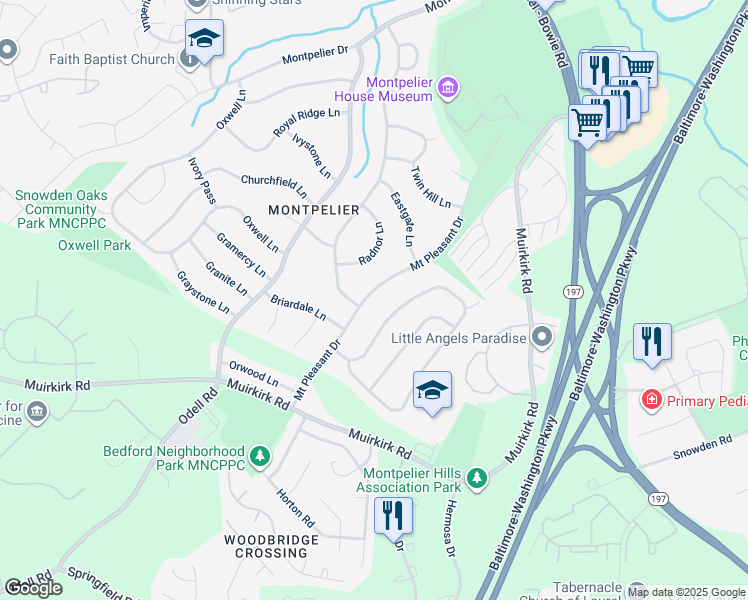 map of restaurants, bars, coffee shops, grocery stores, and more near 12303 Mount Pleasant Drive in Laurel