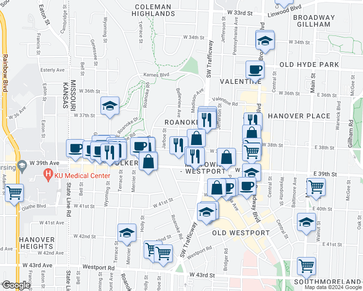map of restaurants, bars, coffee shops, grocery stores, and more near 3735 Belleview Avenue in Kansas City