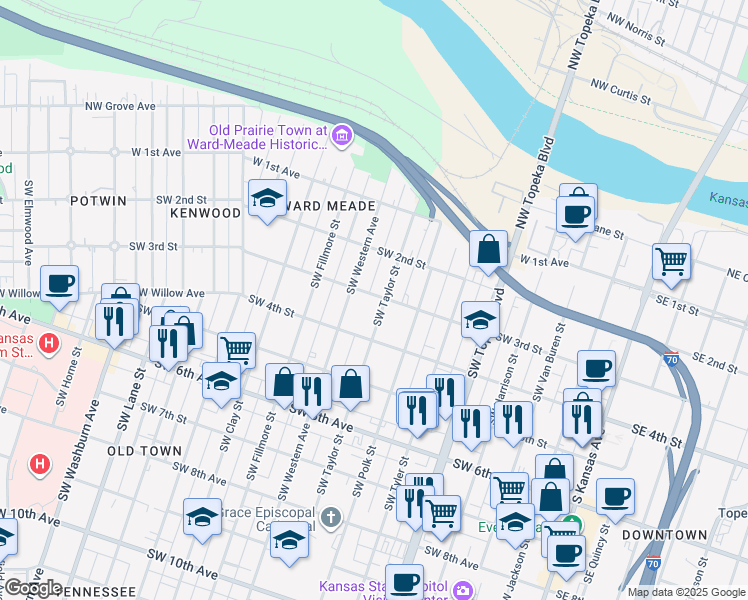 map of restaurants, bars, coffee shops, grocery stores, and more near 301 Southwest Taylor Street in Topeka