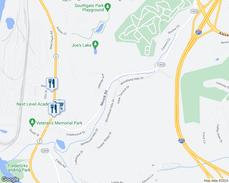map of restaurants, bars, coffee shops, grocery stores, and more near 36 Woodland Hills Drive in Southgate